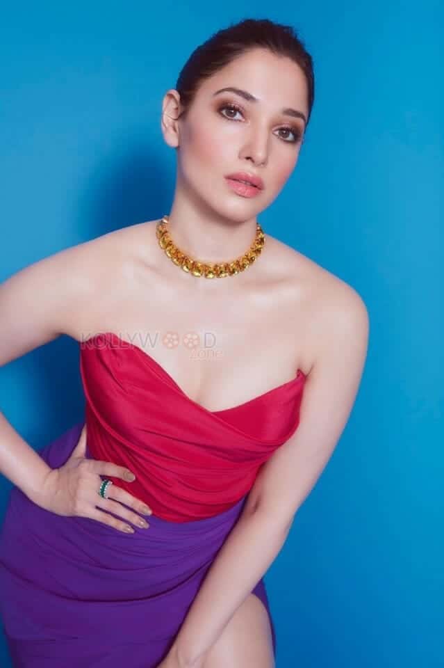 Gorgeous Tamannaah Bhatia in a Red And Purple Slit Dress Photos 01