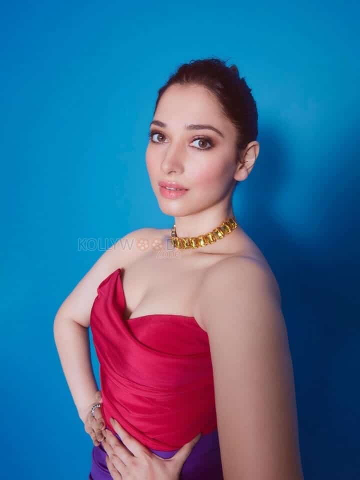 Gorgeous Tamannaah Bhatia in a Red And Purple Slit Dress Photos 02