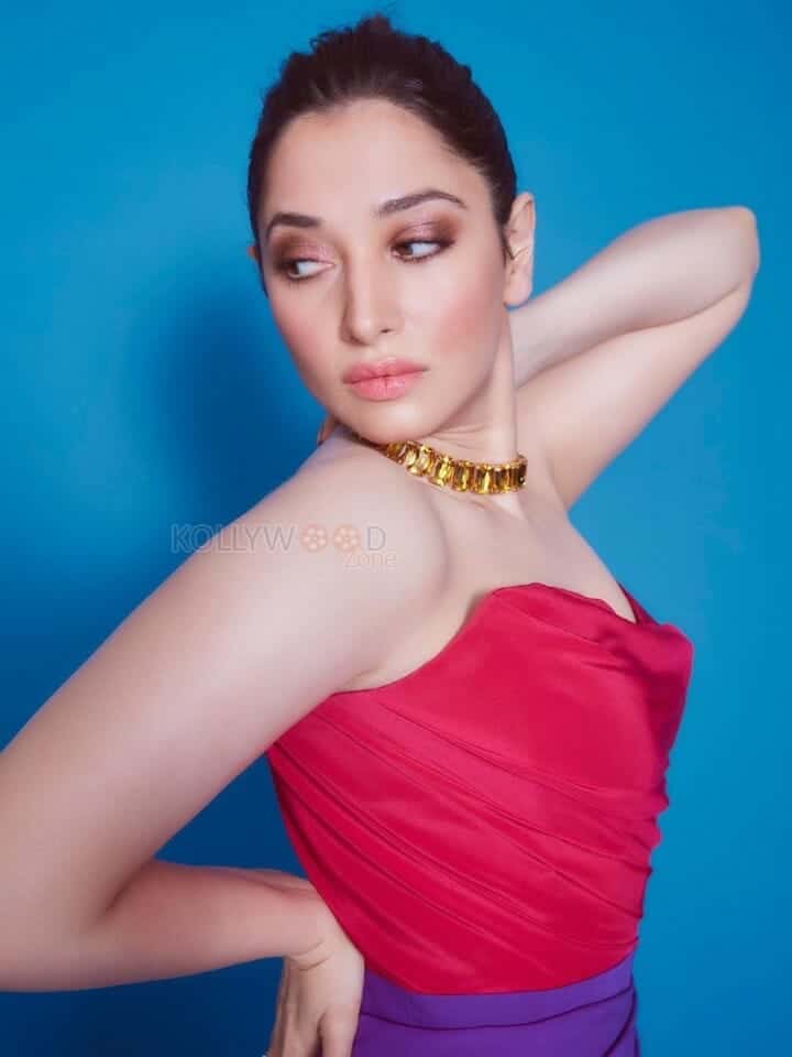 Gorgeous Tamannaah Bhatia in a Red And Purple Slit Dress Photos 04