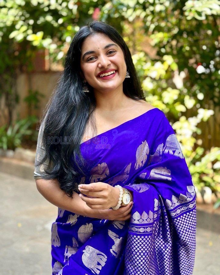 Heroine Nivetha Thomas in a Blue Saree Photos 02