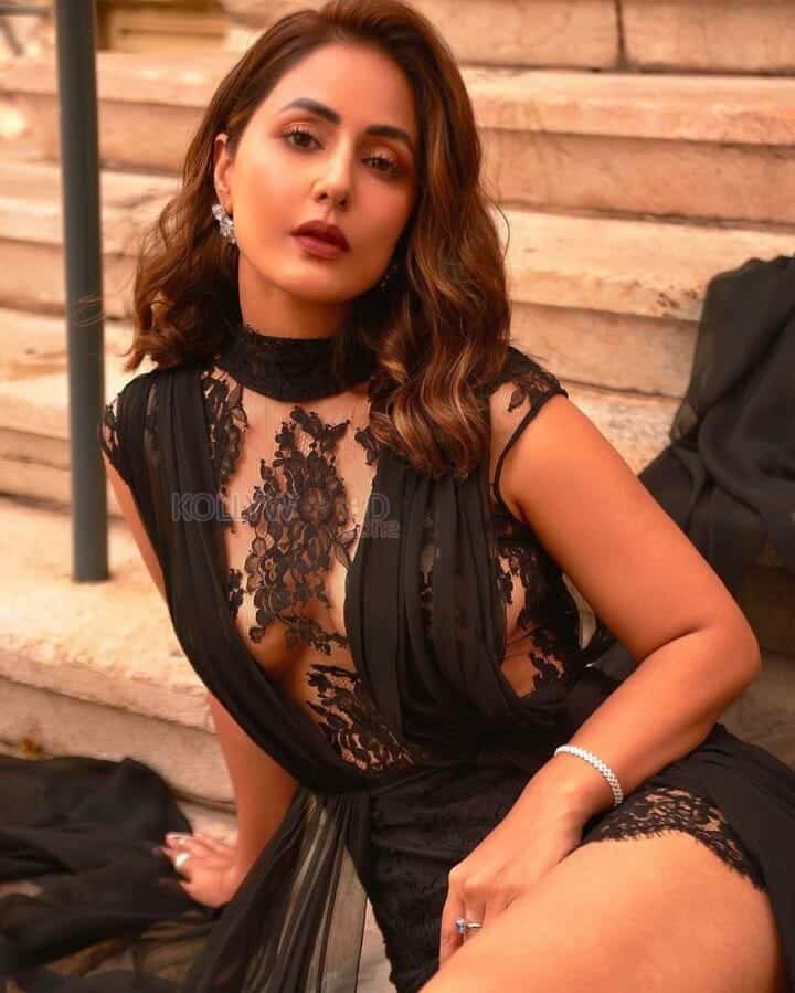 Hina Khan in a See Through Black Lace Lingerie Photos 01