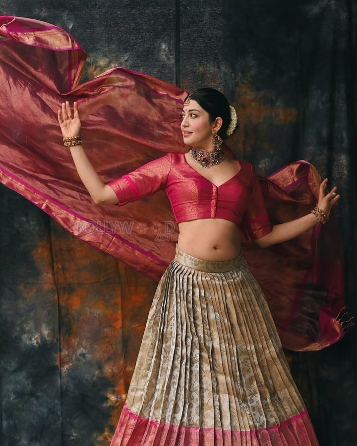 Kannada Beauty Pranitha Subhash in a Traditional Ghagra Pink Top and Pleated Skirt Pictures 08