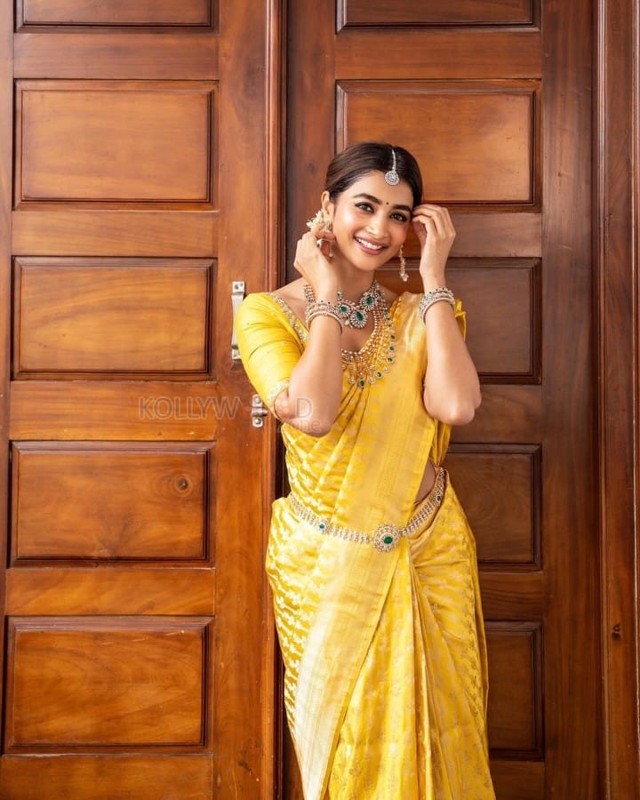 Mesmerising Pooja Hegde in a Yellow Banarasi Saree Photoshoot Pictures 01