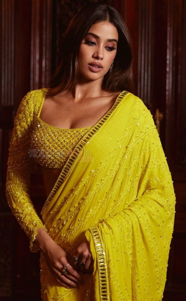 Mesmerizing Janhvi Kapoor in a Yellow Saree with Full Sleeve Blouse at Anant Ambani and Radhika Merchant Haldi Ceremony Pictures 03