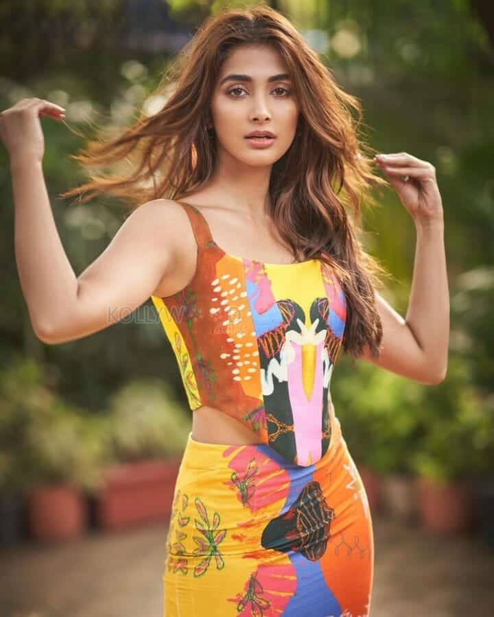 Pooja Hegde looking Sexy in a Beautiful Multicoloured Dress Photos 02