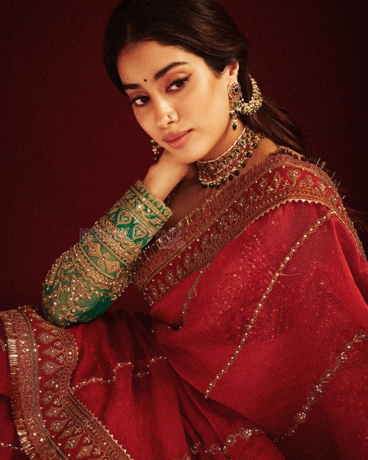 Royal Beauty Janhvi Kapoor in a Red Hand Embroidered Saree with Green Blouse Pictures 04