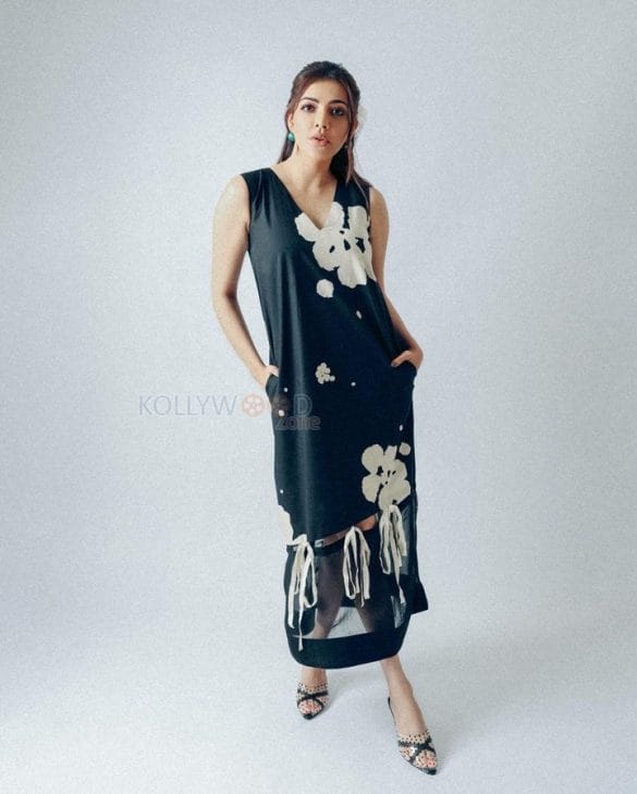 Satya Bhama Actress Kajal Aggarwal In A Black And White Floral Ensemble ...