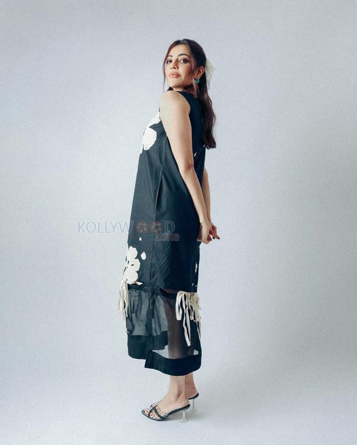 Satya Bhama Actress Kajal Aggarwal In A Black And White Floral Ensemble ...