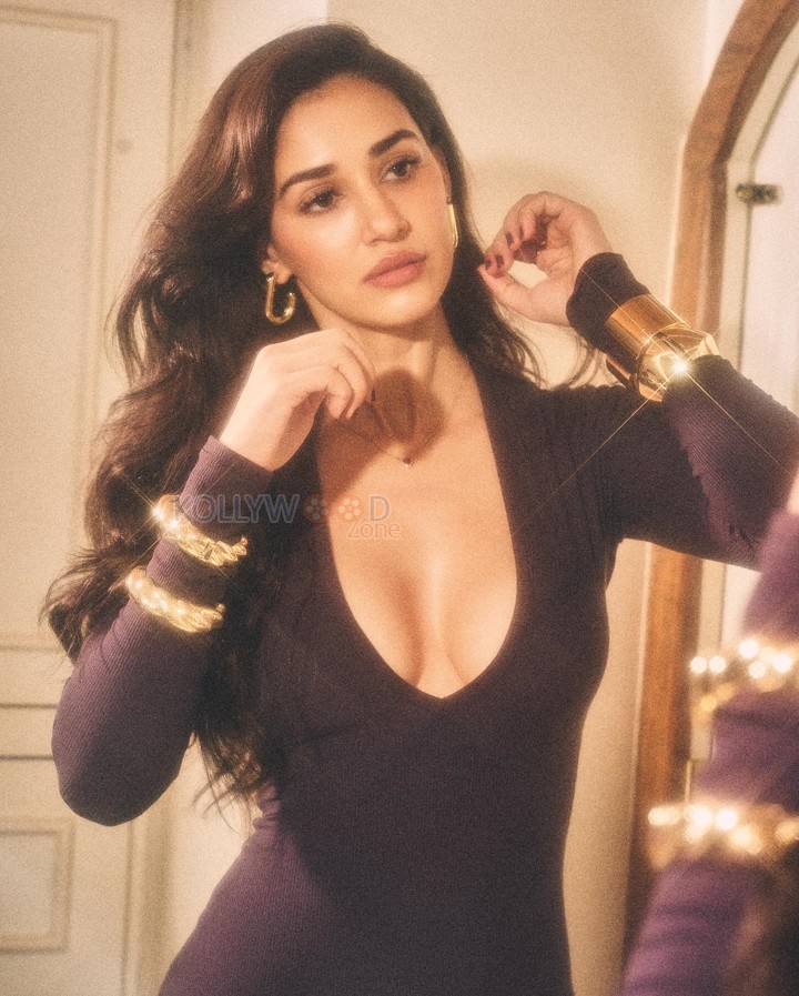 Seductive Disha Patani in a Brown Deep Cleavage Bodycon Dress Photos 01