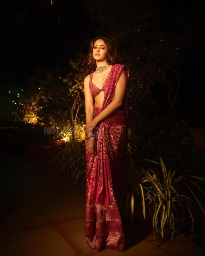 Sexy Ananya Panday in a Red Pink Saree with a Bikini Style Blouse Photos 03