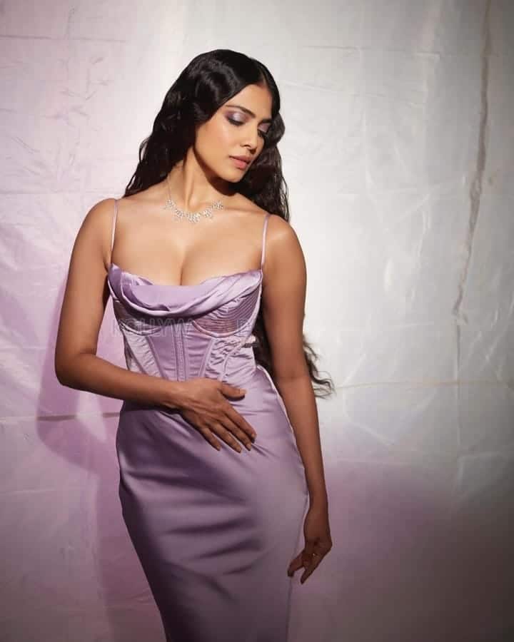 Sexy Malavika Mohanan in a Purple Corset Dress Photos 04