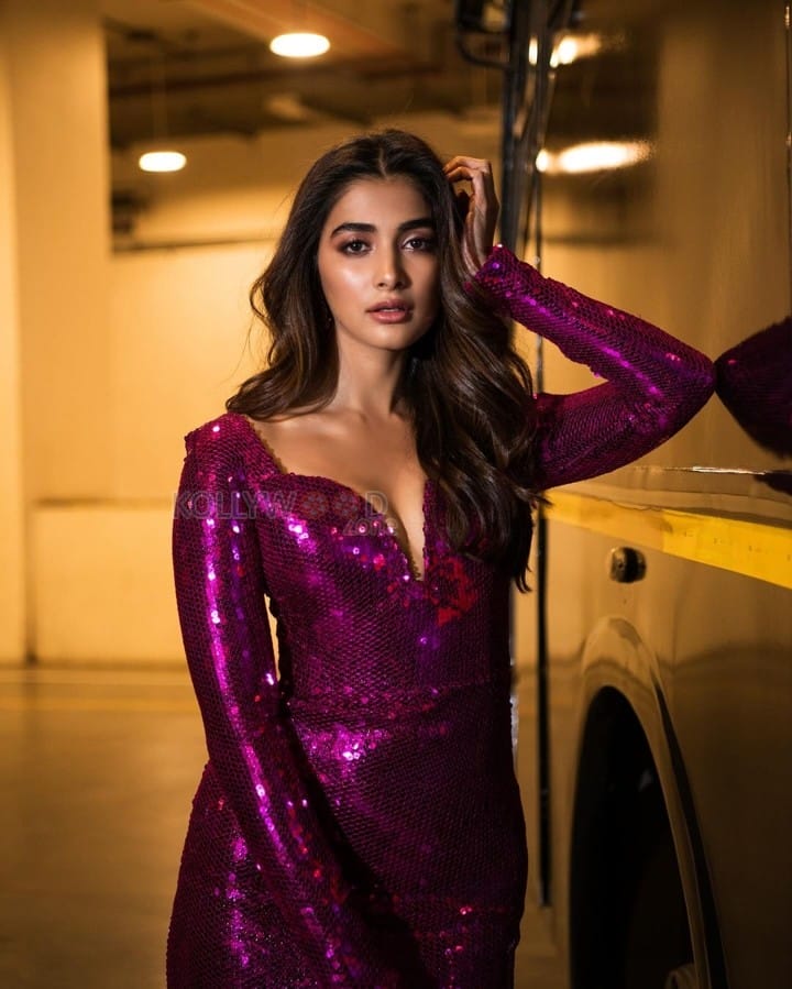 Sexy Pooja Hegde in a Dark Pink Embellished Long Dress Photos 02