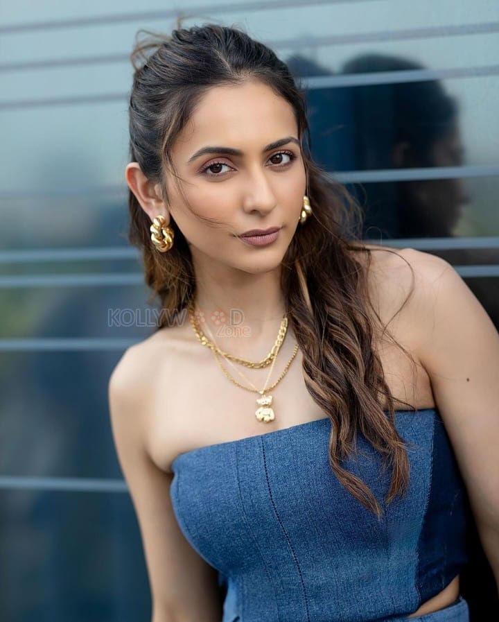 Sexy Rakul Preet Singh in a Denim Strapless Top with Cargo Pants Photos 02