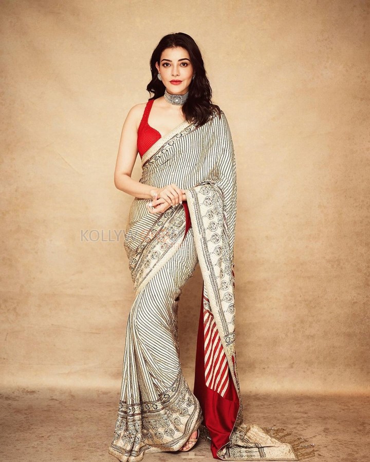 South Actress Kajal Aggarwal in a Red Sleeveless Blouse and Striped Saree Photos 04