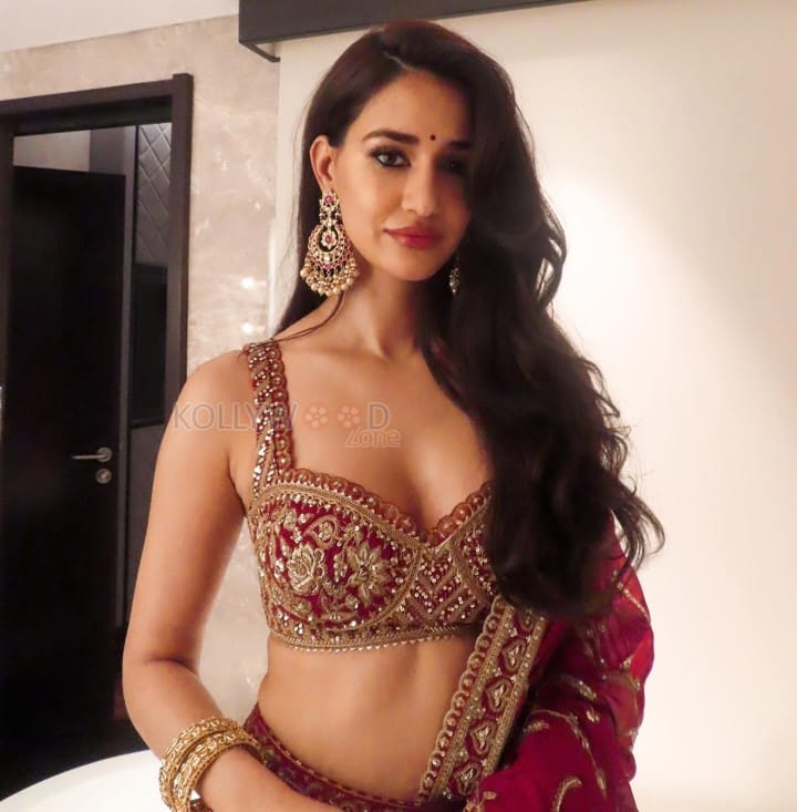 Stunning Disha Patani in a Red Saree with a Bralette Blouse Pictures 05