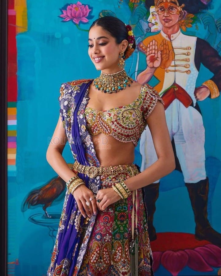 Stunning Janvhi Kapoor in a Multi Coloured Embroidered Lehenga at Anant Ambani and Radhika Merchant Mehendi Night Photos 03