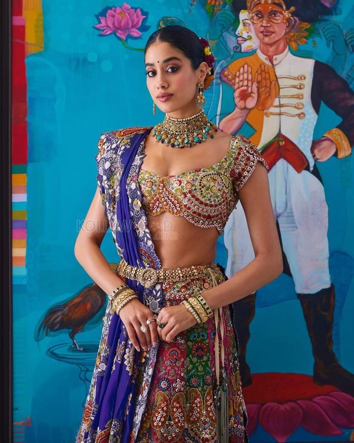 Stunning Janvhi Kapoor in a Multi Coloured Embroidered Lehenga at Anant Ambani and Radhika Merchant Mehendi Night Photos 06