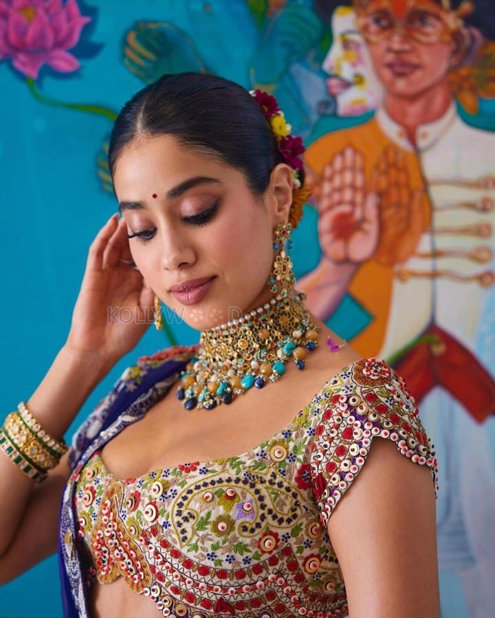 Stunning Janvhi Kapoor in a Multi Coloured Embroidered Lehenga at Anant Ambani and Radhika Merchant Mehendi Night Photos 08