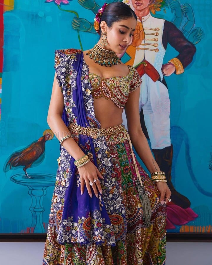 Stunning Janvhi Kapoor in a Multi Coloured Embroidered Lehenga at Anant Ambani and Radhika Merchant Mehendi Night Photos 09