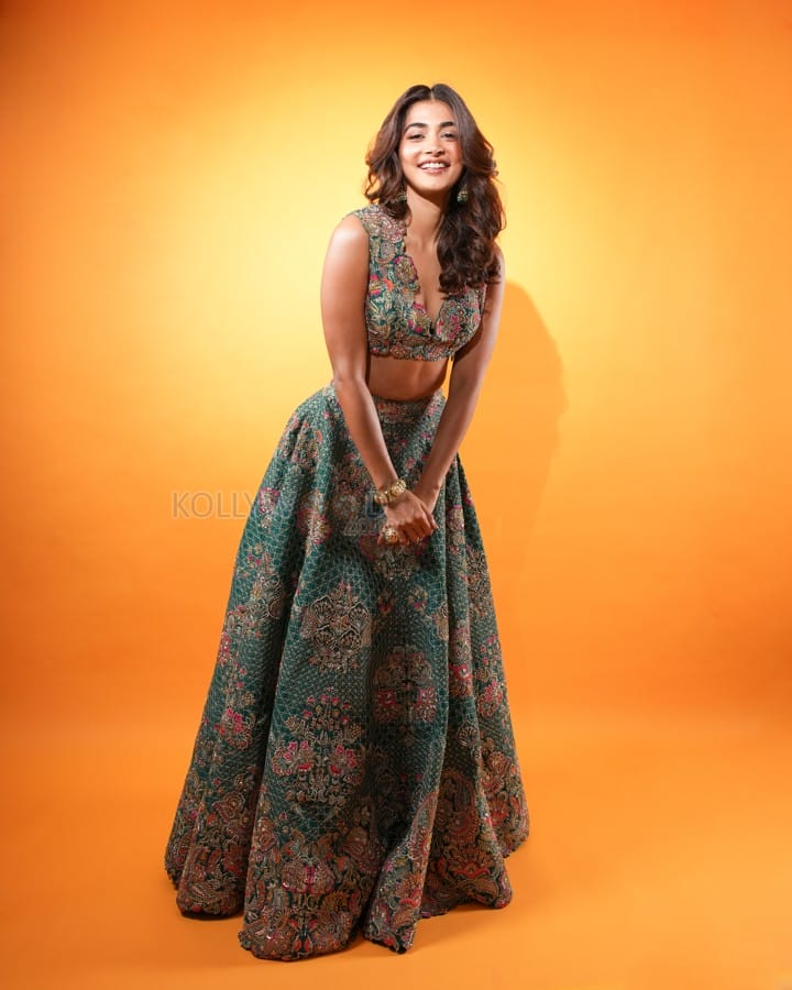 Stunning Pooja Hegde in a Green Lehenga with Matching Bralette Photos 03