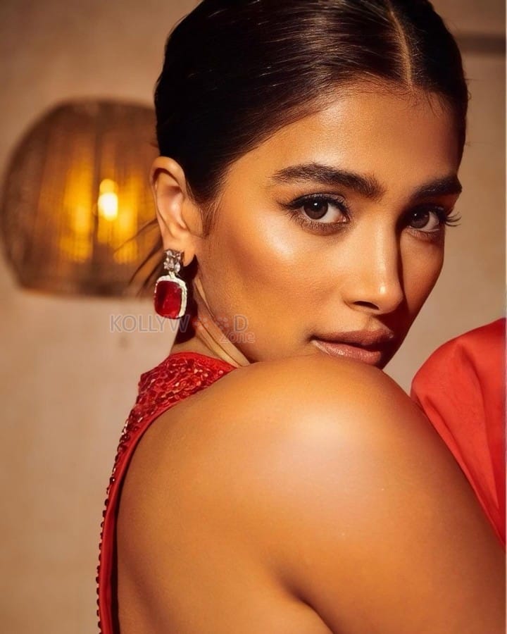 Stunning Pooja Hegde in a Red Sleeveless Evening Gown Photos 02