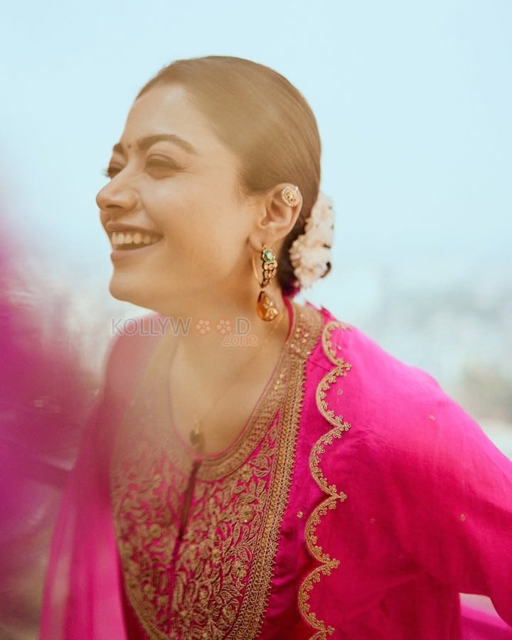 Stunning Rashmika Mandanna in a Pink Embroidered Kurta Set Photos 02