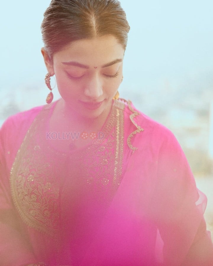 Stunning Rashmika Mandanna in a Pink Embroidered Kurta Set Photos 03