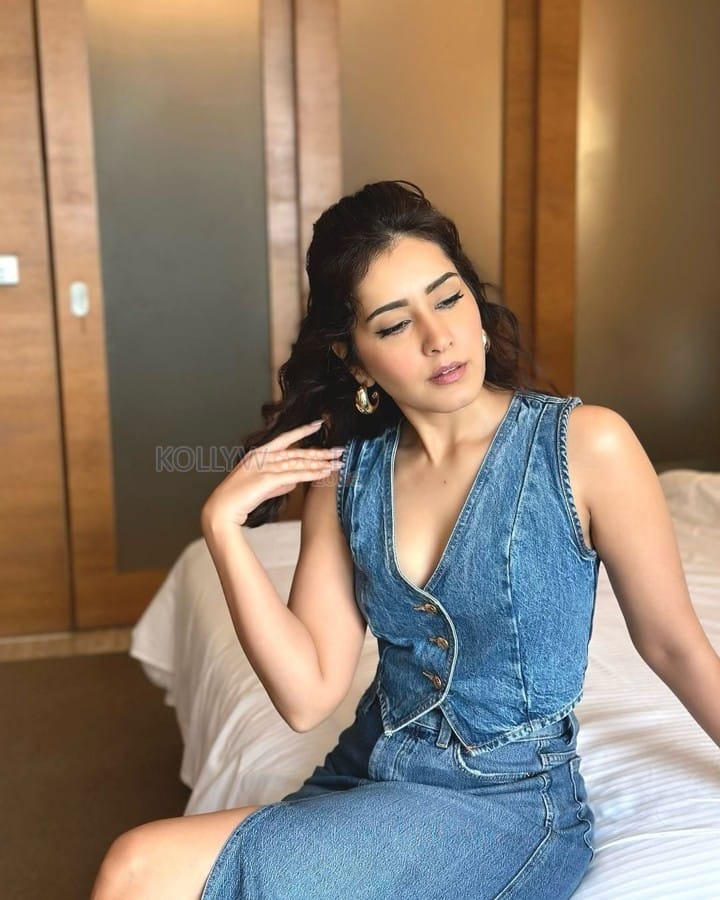 Stylish Actress Raashi Khanna in a Denim Waistcoat and Slit Skirt Photos 01