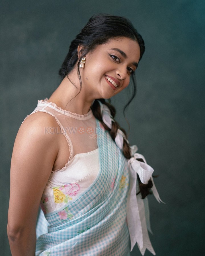 Stylish Keerthy Suresh in a Pastel Blue Floral Saree with Sleeveless Blouse Photos 01