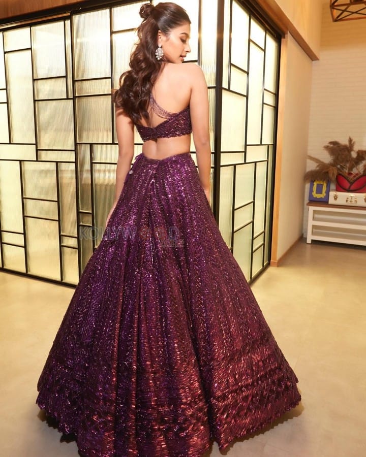 Stylish Pooja Hegde in a Purple Sequin Lehenga Photos 03