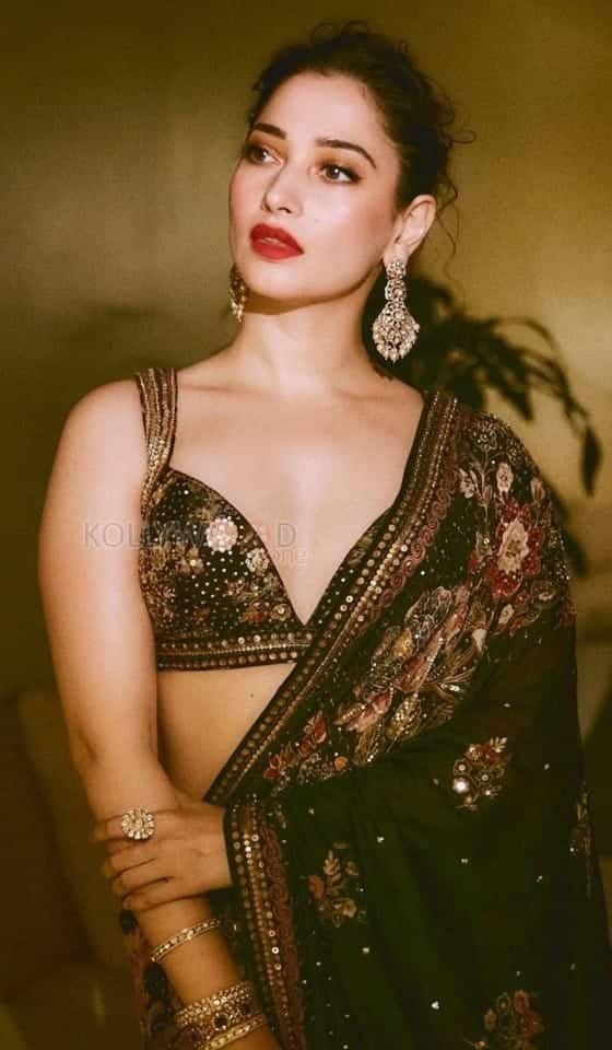 Stylish and Sexy Tamannaah Bhatia in a Black Floral Printed Saree Pictures 01