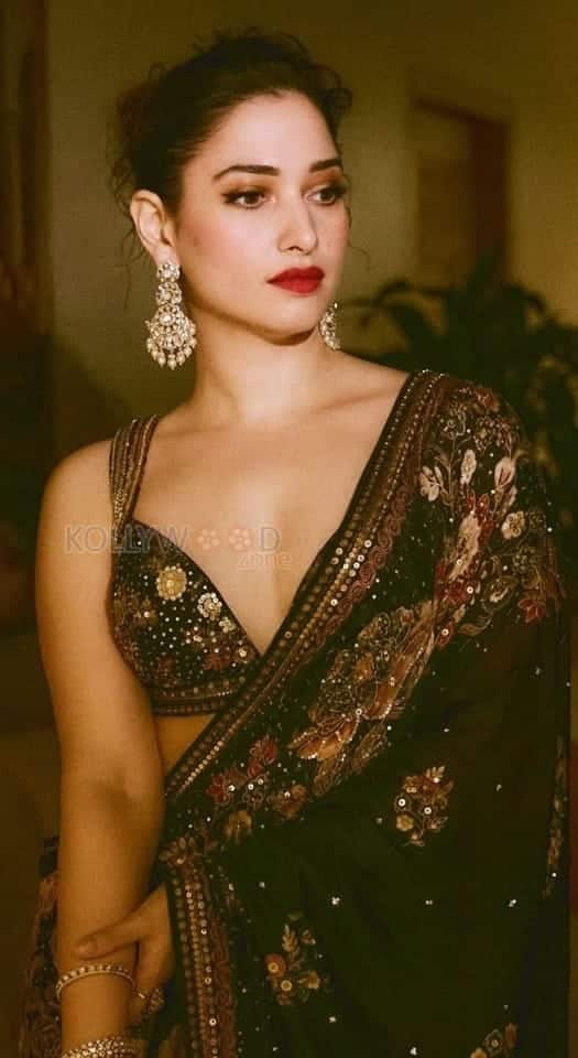 Stylish and Sexy Tamannaah Bhatia in a Black Floral Printed Saree Pictures 02