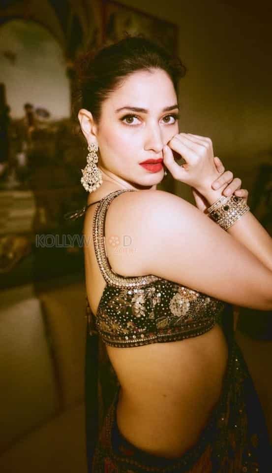 Stylish and Sexy Tamannaah Bhatia in a Black Floral Printed Saree Pictures 03