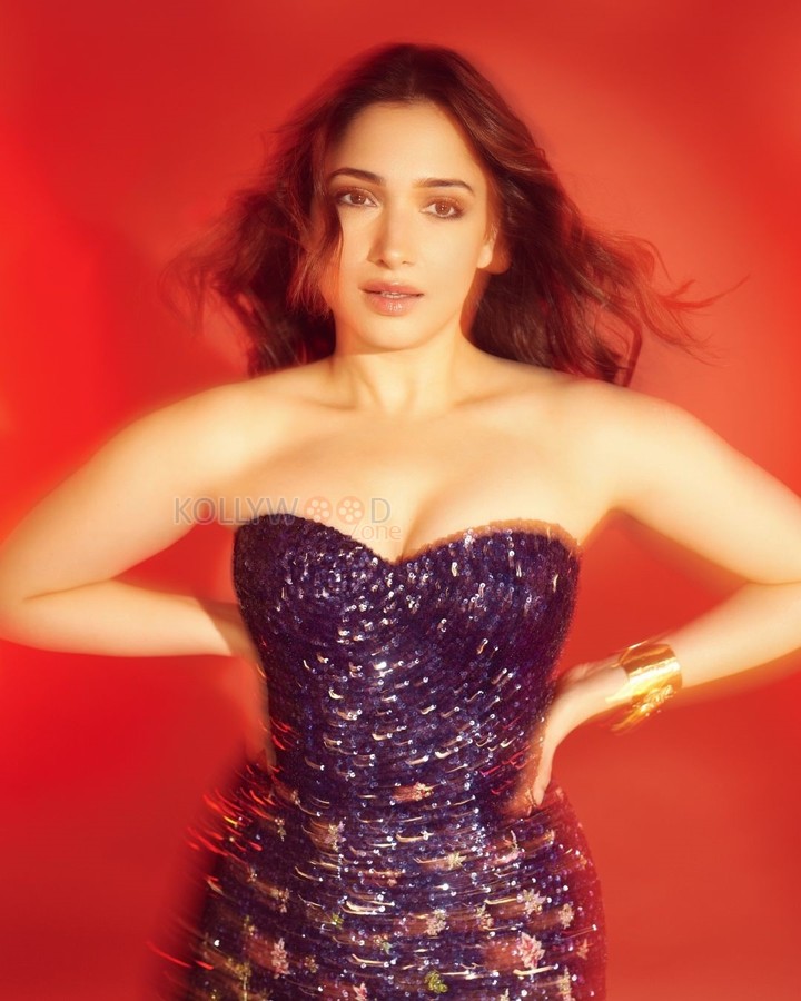 Tamannaah Bhatia in a Strapless Floral Blue Shimmery Bodycon Gown Photos 06