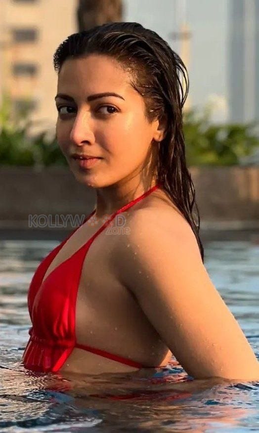 Waltair Veerayya Actress Catherine Tresa in a Red Two Piece Bikini Photos 05