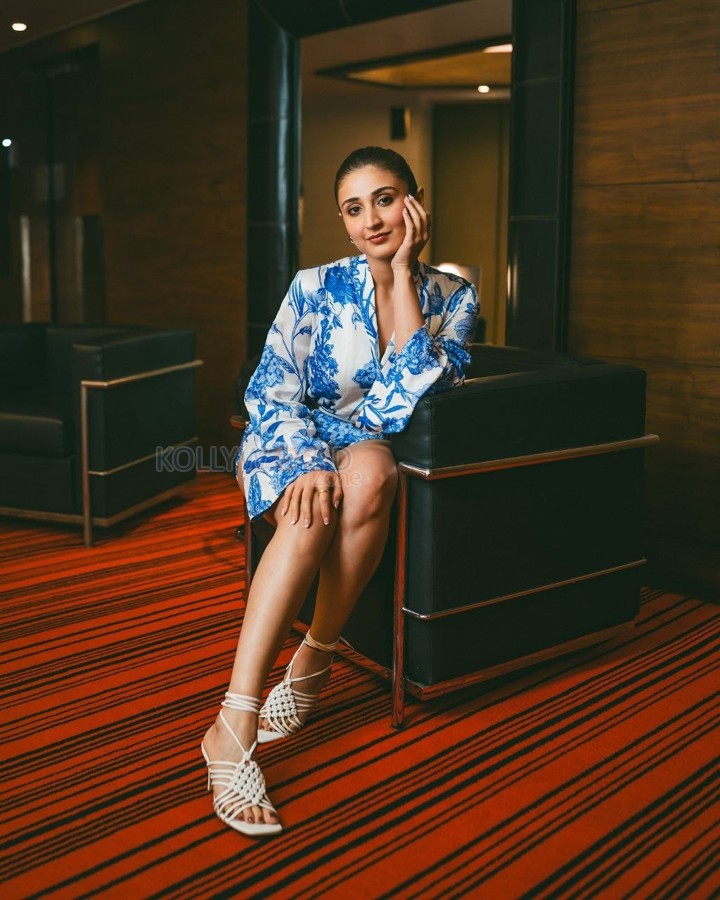 Beautiful Dhvani Bhanushali in a White Blue Printed Short Dress Pictures 03