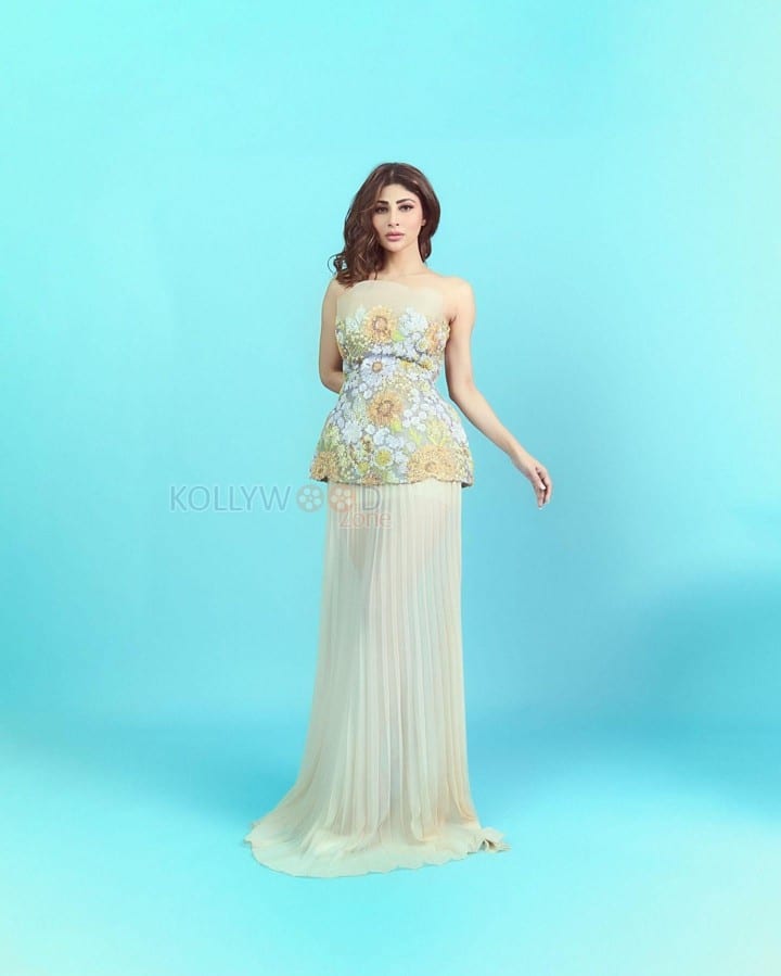 Beautiful Mouni Roy in a Pastel Off Shoulder Floral Top with Maxi Skirt Photos 02