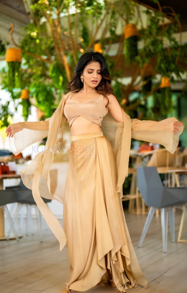 Bhaje Vayu Velya Actress Iswarya Menon in a Golden Crop Top with Matching Skirt Photos 01