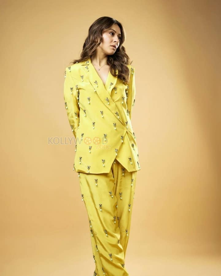 Elegant Hansika Motwani in a Yellow Double Breasted Oversized Pantsuit Photos 02