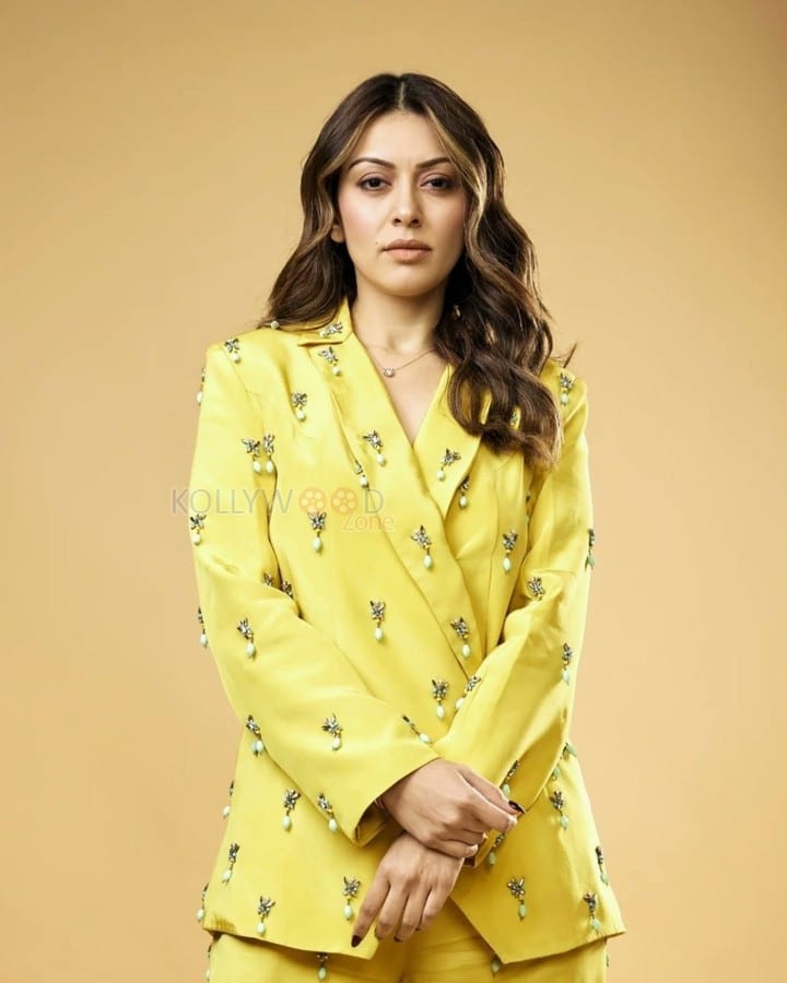 Elegant Hansika Motwani in a Yellow Double Breasted Oversized Pantsuit Photos 03