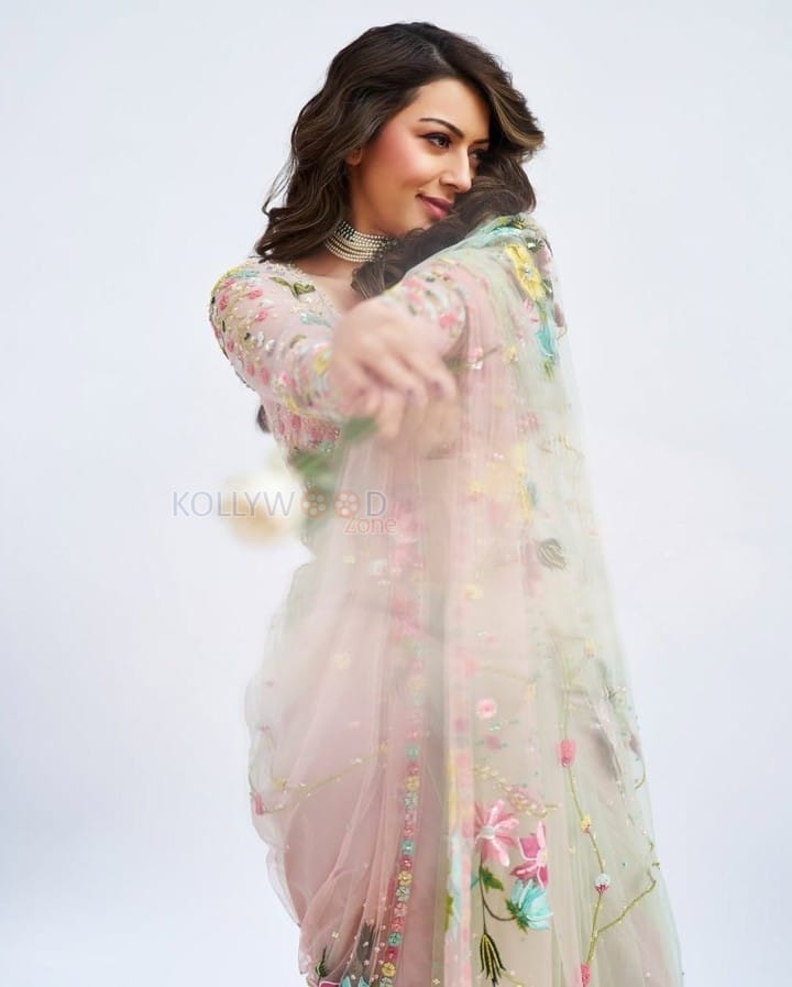 Graceful Hansika Motwani in a Pastel Green Floral Embroidered Saree with a Matching Full Sleeve Blouse Photos 06