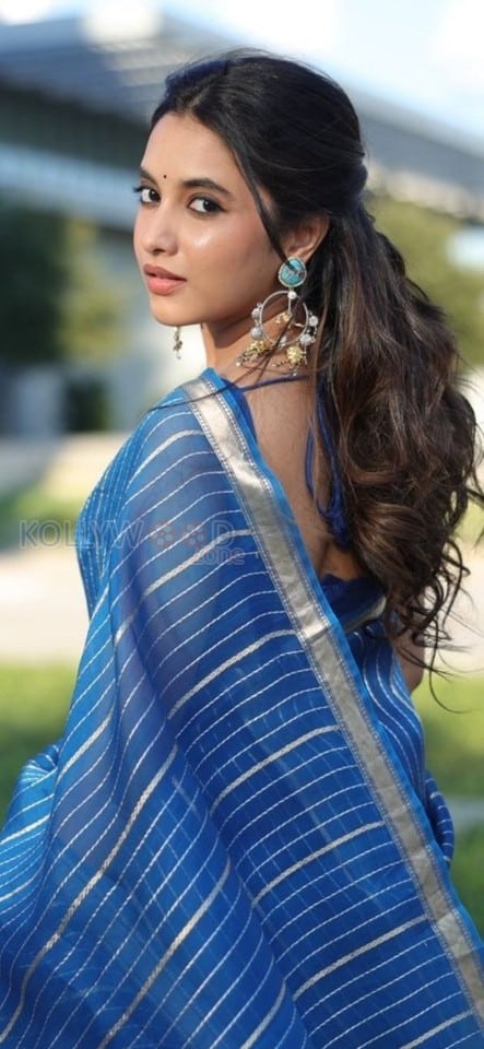 Graceful Priyanka Mohan in a Blue Striped Organza Saree Pictures 01