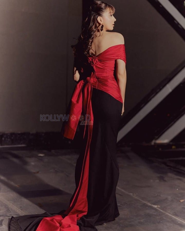 Sexy Hansika Motwani in an Off Shoulder Red and Black Bodycon Gown Photos 07