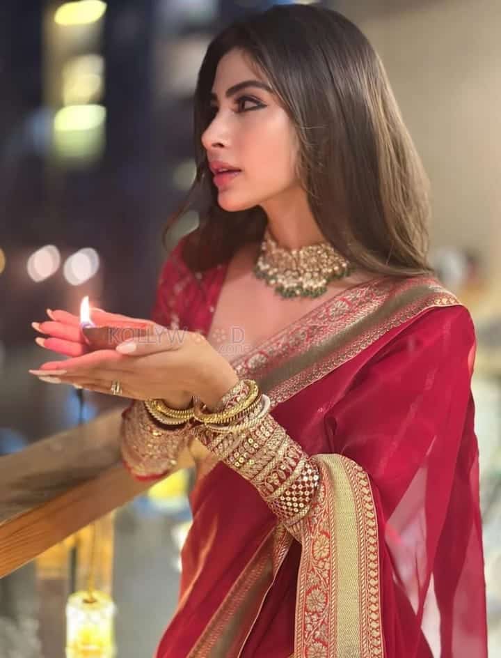 Sexy Mouni Roy in a Diwali Red Saree Photos 01