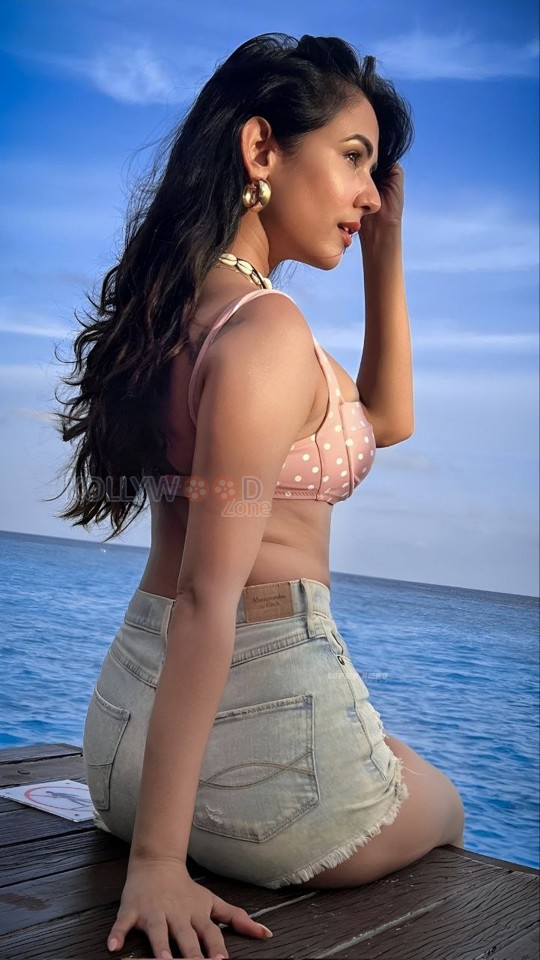 Sexy Sonal Chauhan in a Pink Printed Bra and Mini Denim Shorts Photos 03