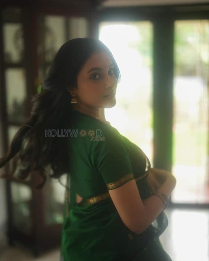 Tamil Actress Priyanka Mohan Arul in a Green Silk Saree Photos 02