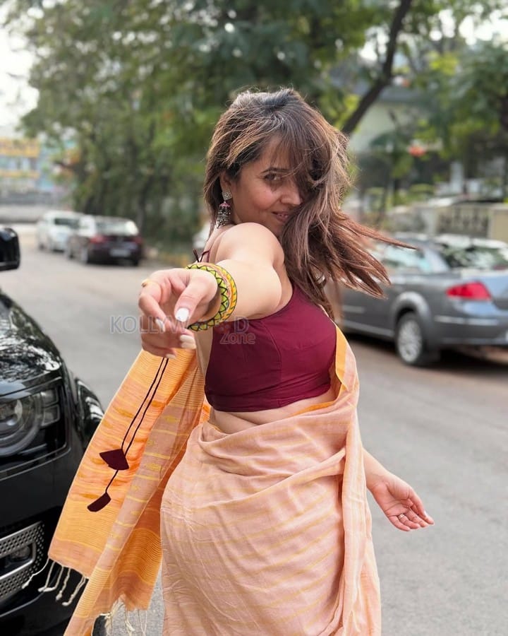 Telugu Actress Anasuya Bharadwaj in a Light Brown Saree with a Dark Brown Sleeveless Blouse Pictures 02