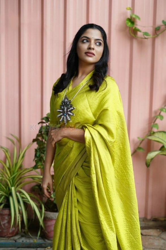 Actress Nikhila Vimal In A Georgette Lime Green Woven Design Saree ...