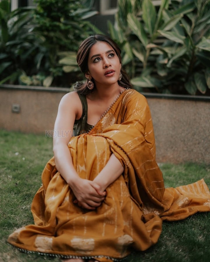 Attractive Nabha Natesh in a Mustard Yellow Saree Photoshoot Pictures 02