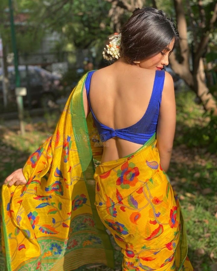 Beautiful Nabha Natesh in a Yellow Floral Printed Saree with a Strapless Blouse Photos 02